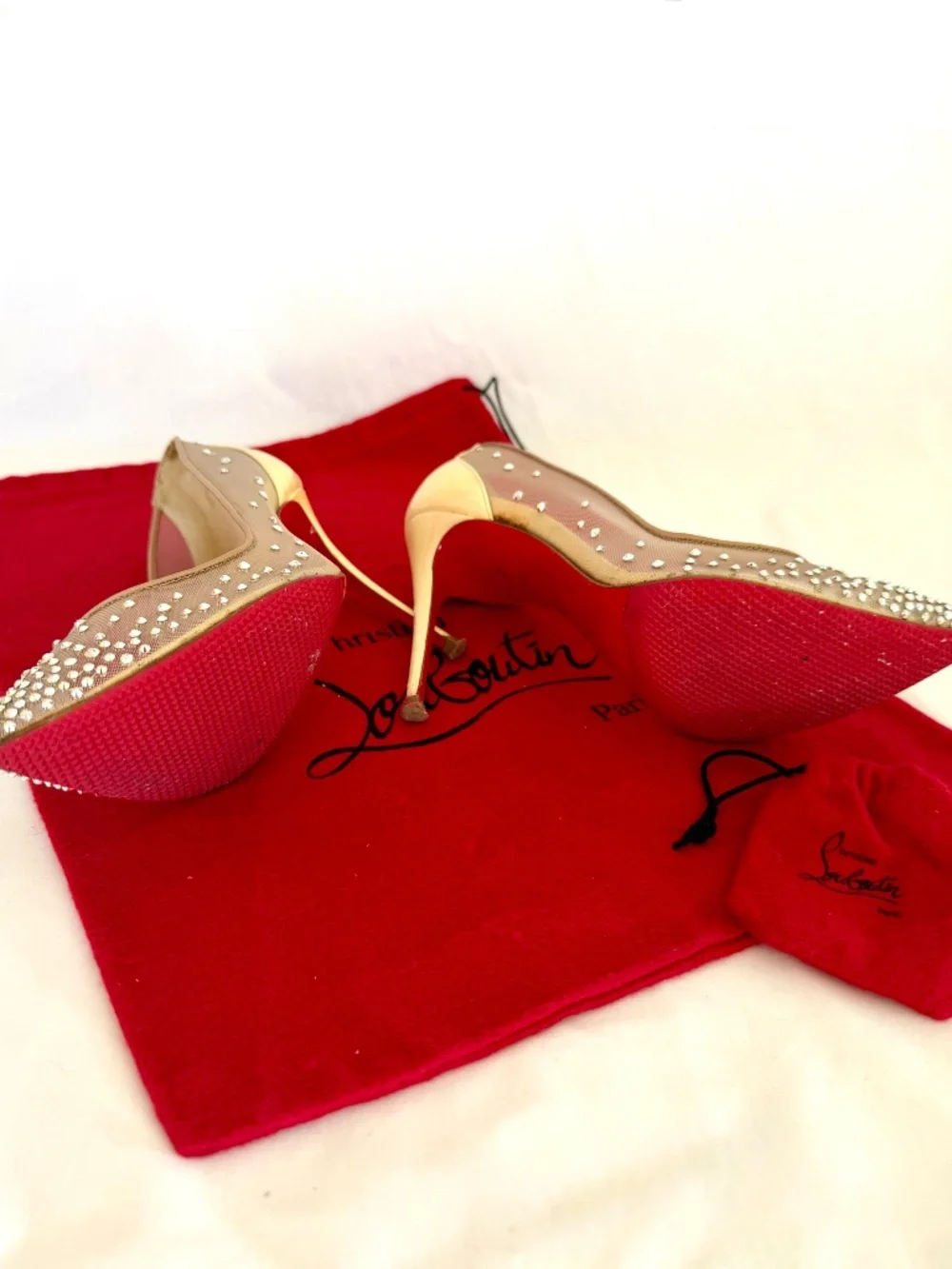 CHRISTIAN LOUBOUTIN Mesh Jeweled Pointed Toe Pumps Ivory Size 36